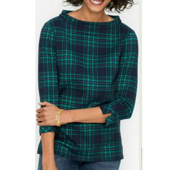 Talbots Tops - TALBOTS Funnel Neck Knit Top Blue Green Black Blackwatch Plaid